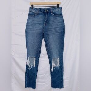 No Boundaries Dark Wash Denim High Rise Busted Knee Raw Hem Ankle Jeans size 7